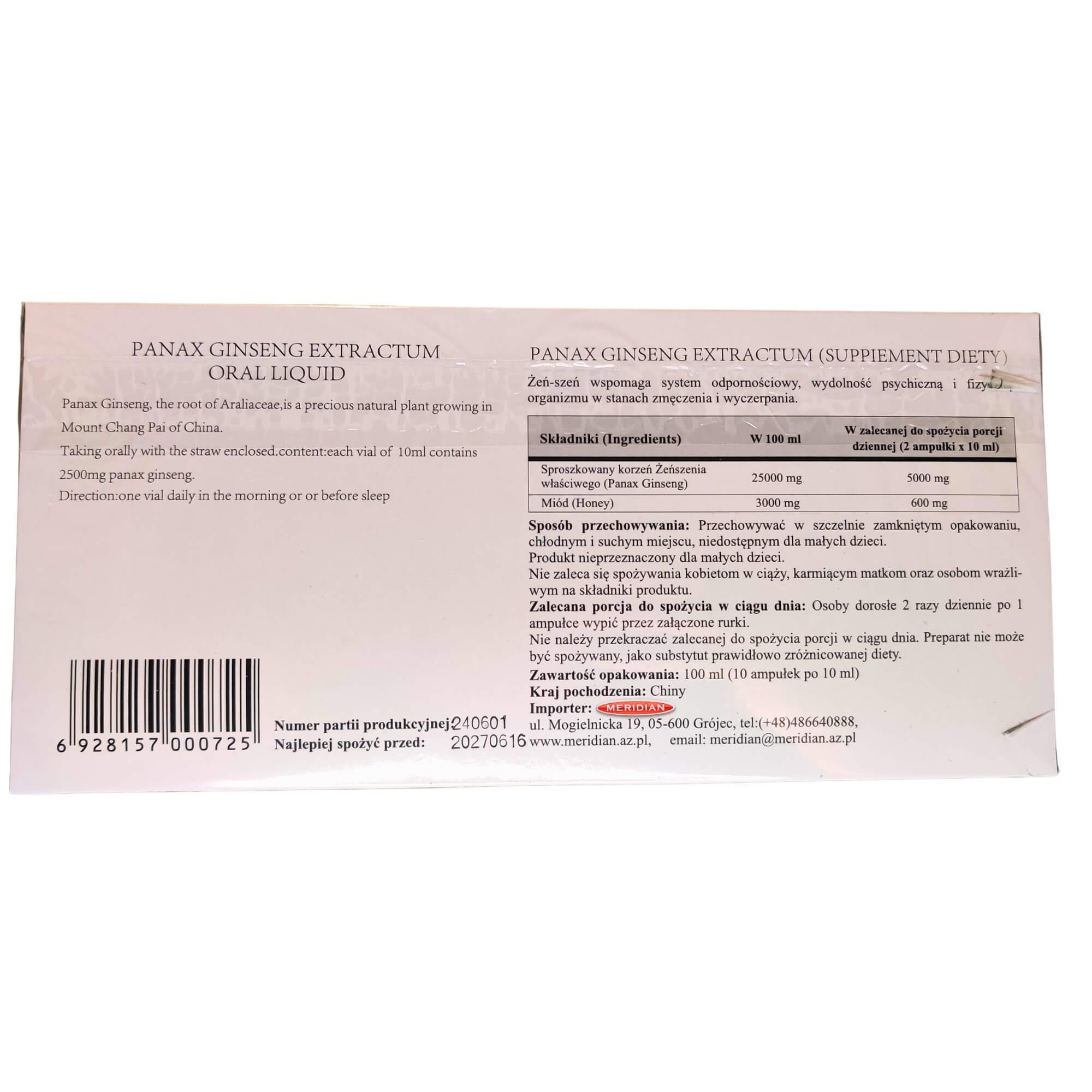 Ekstrakt z żeń-szenia (Panax Ginseng Extractum) ampułki (10 × 10 ml) 100 ml - Meridian