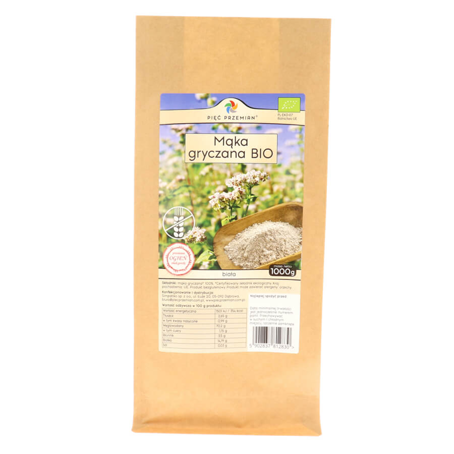 Mąka gryczana biała bezglutenowa BIO 1 kg - Pięć Przemian