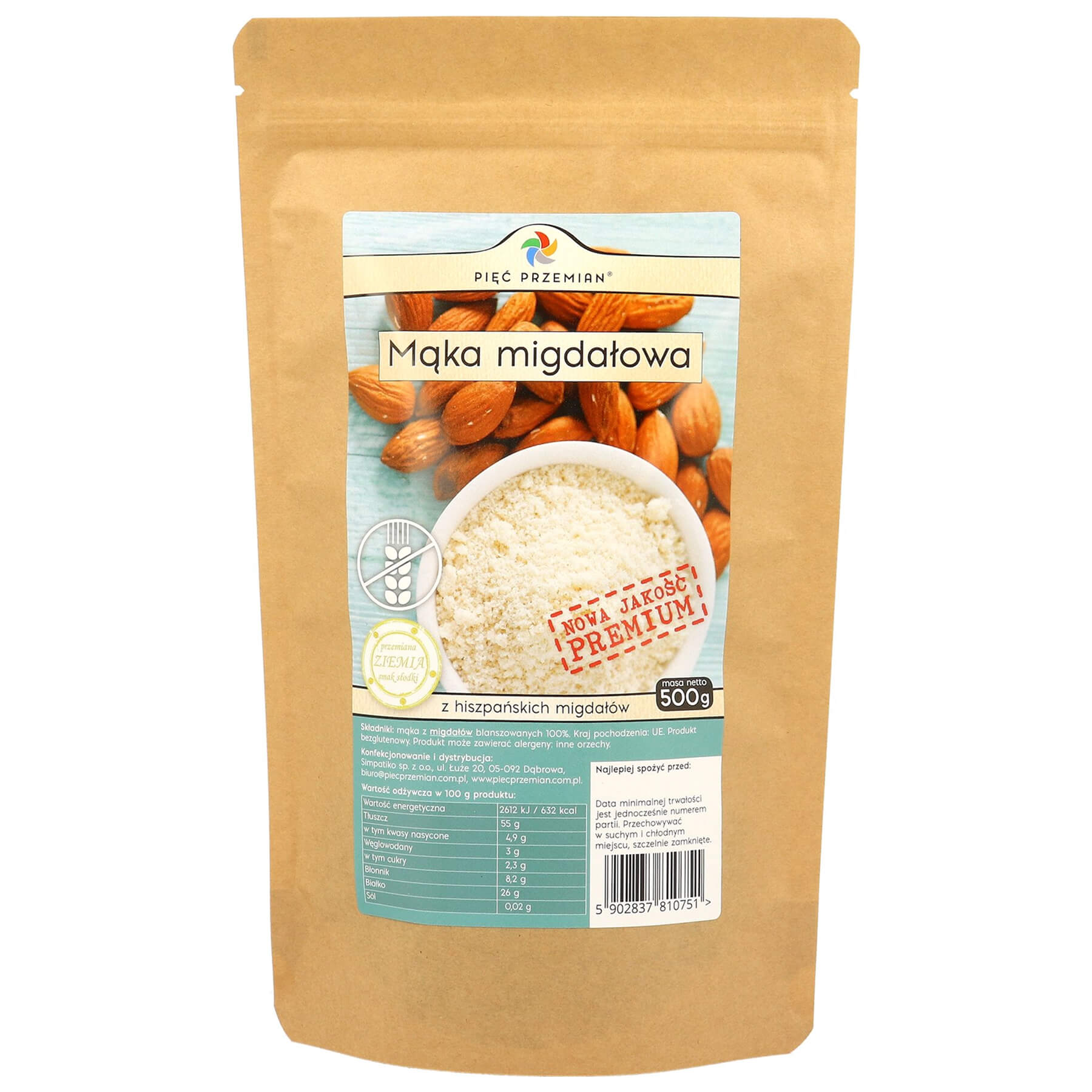 Mąka migdałowa bezglutenowa 500 g - Pięć Przemian