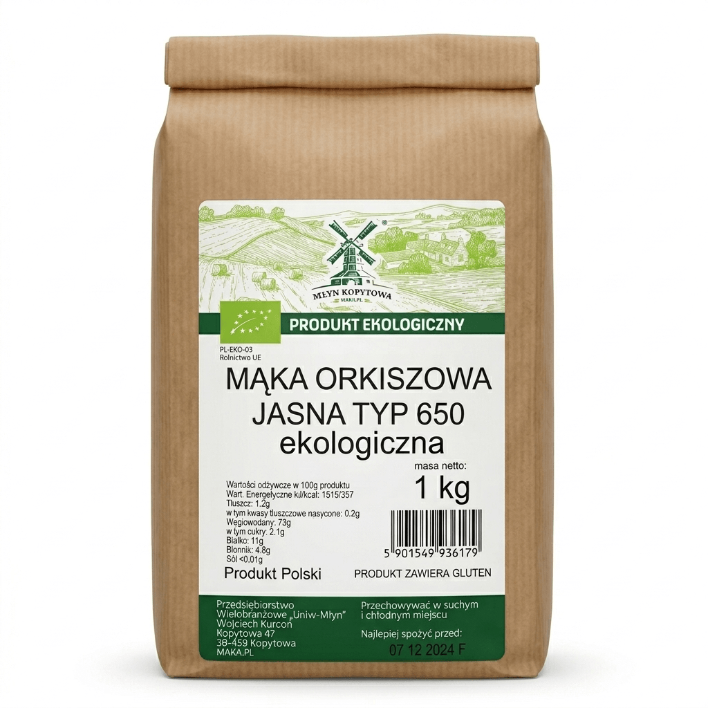 Mąka orkiszowa jasna typ 650 BIO 1 kg - Młyn Kopytowa