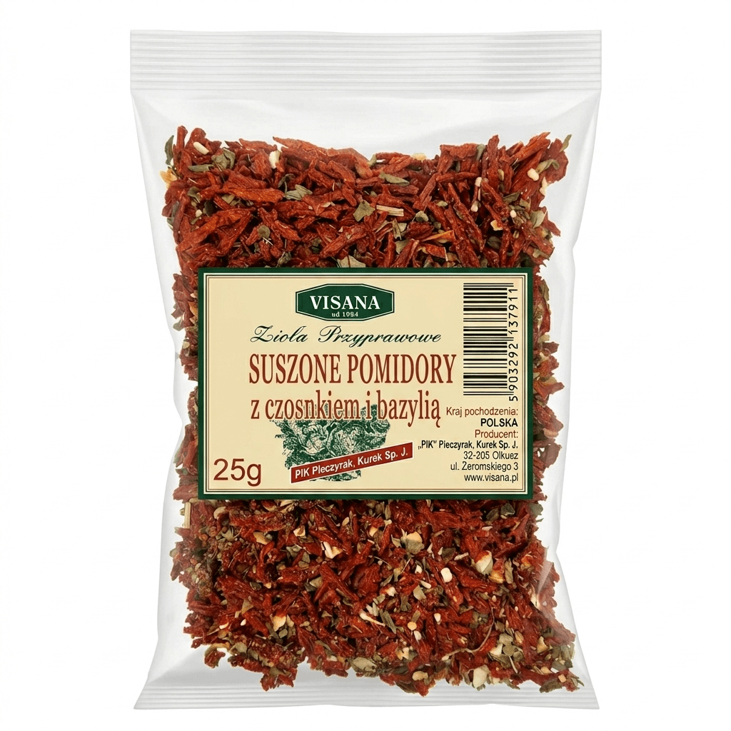 Suszone pomidory z czosnkiem i bazylią 25 g - Visana