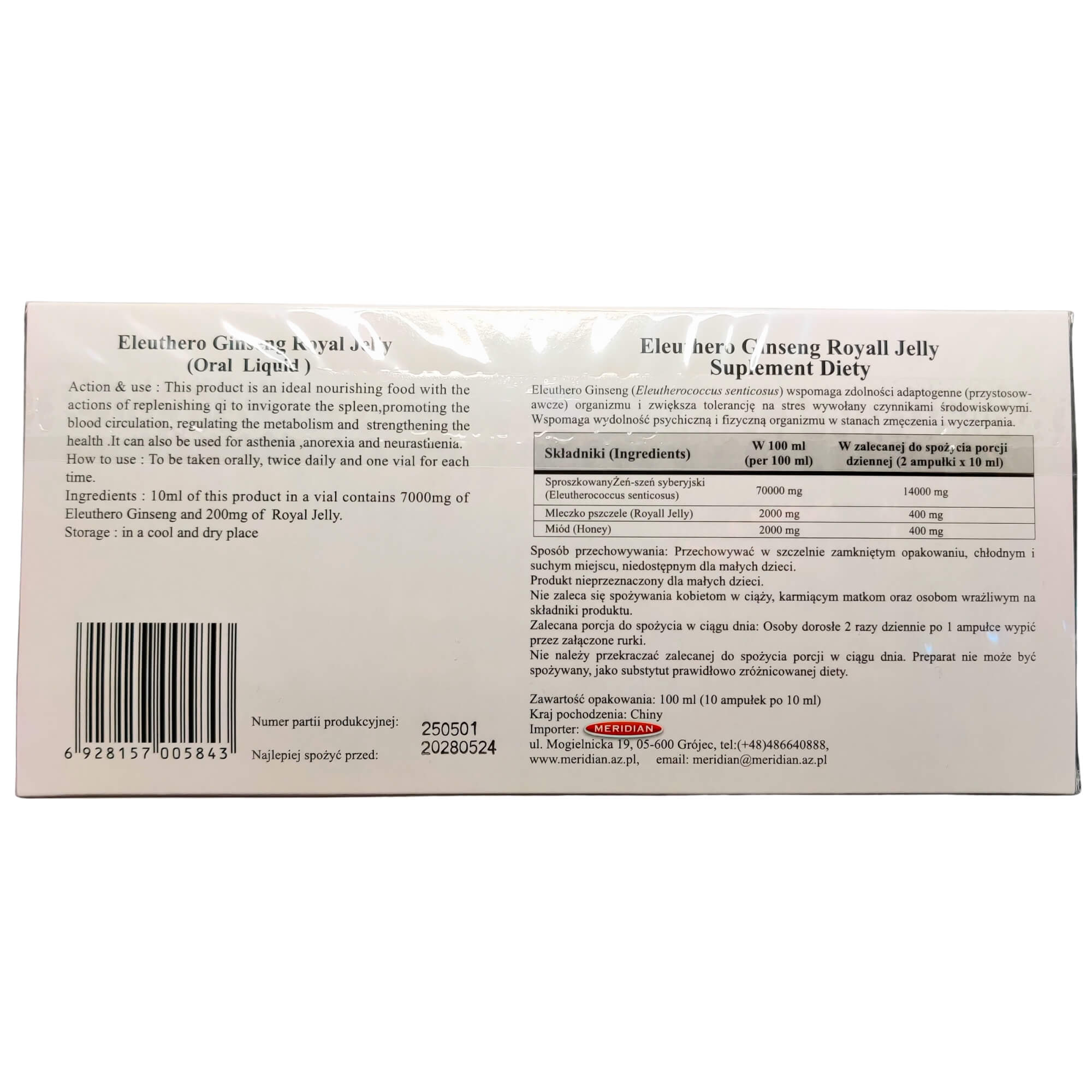 Żeń-szeń syberyjski z mleczkiem pszczelim (10 × 10 ml) 100 ml - Meridian