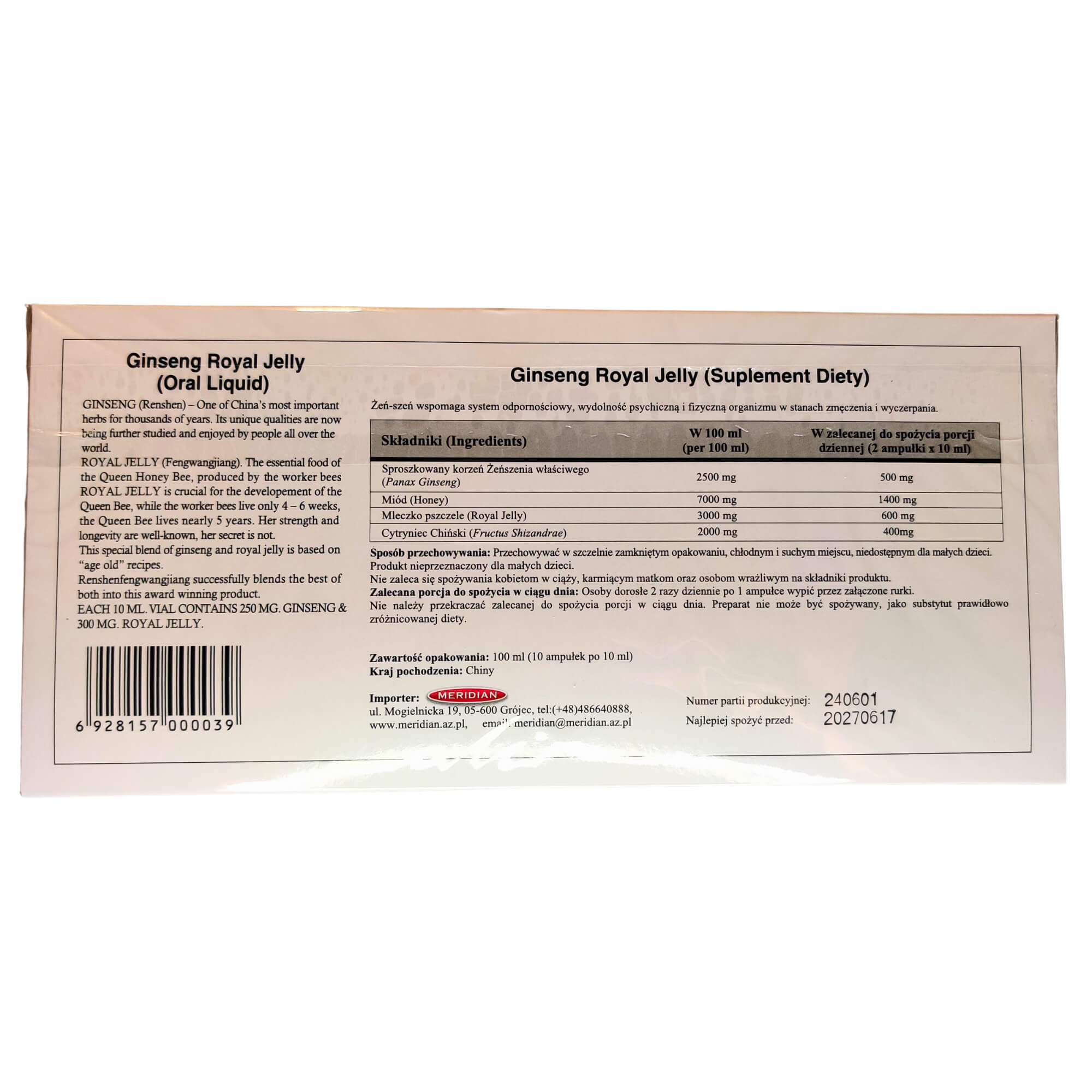 Żeń-szeń z mleczkiem pszczelim (Ginseng Royal Jelly) ampułki (10 × 10 ml) 100 ml - Meridian