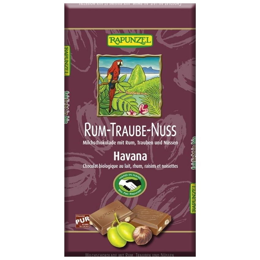 Czekolada mleczna z rodzynkami, rumem i orzechami laskowymi BIO 100 g - Rapunzel