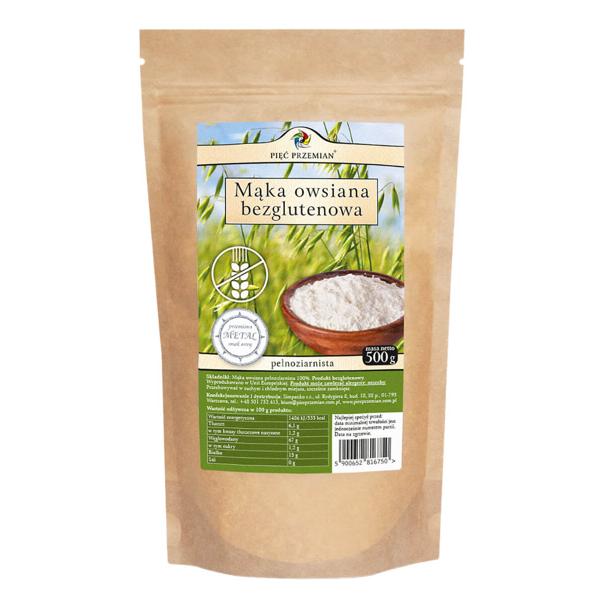 Mąka owsiana pełnoziarnista bezglutenowa 500 g - Pięć Przemian
