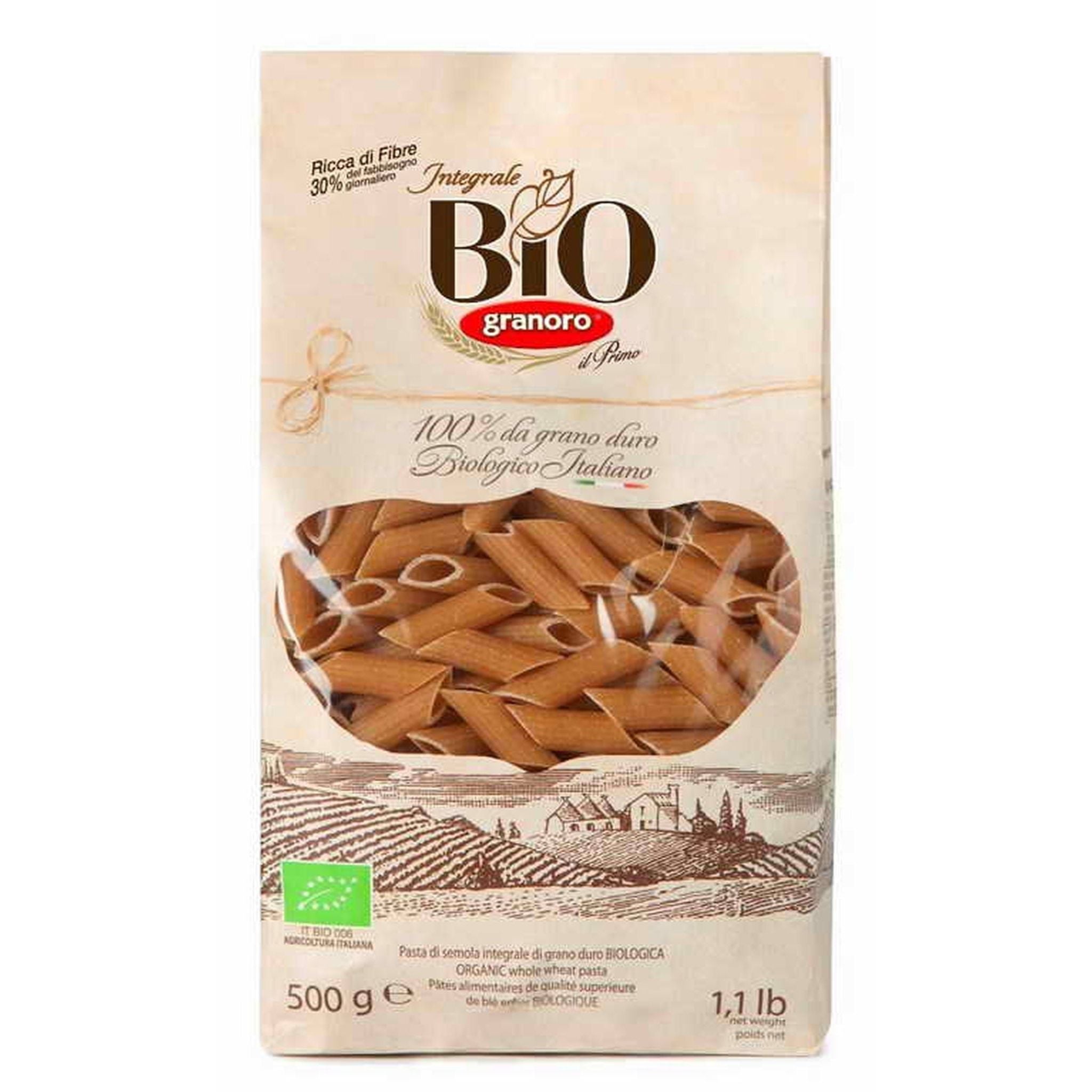 Makaron pszenny pełnoziarnisty mezze penne rigate BIO 500 g - Granoro