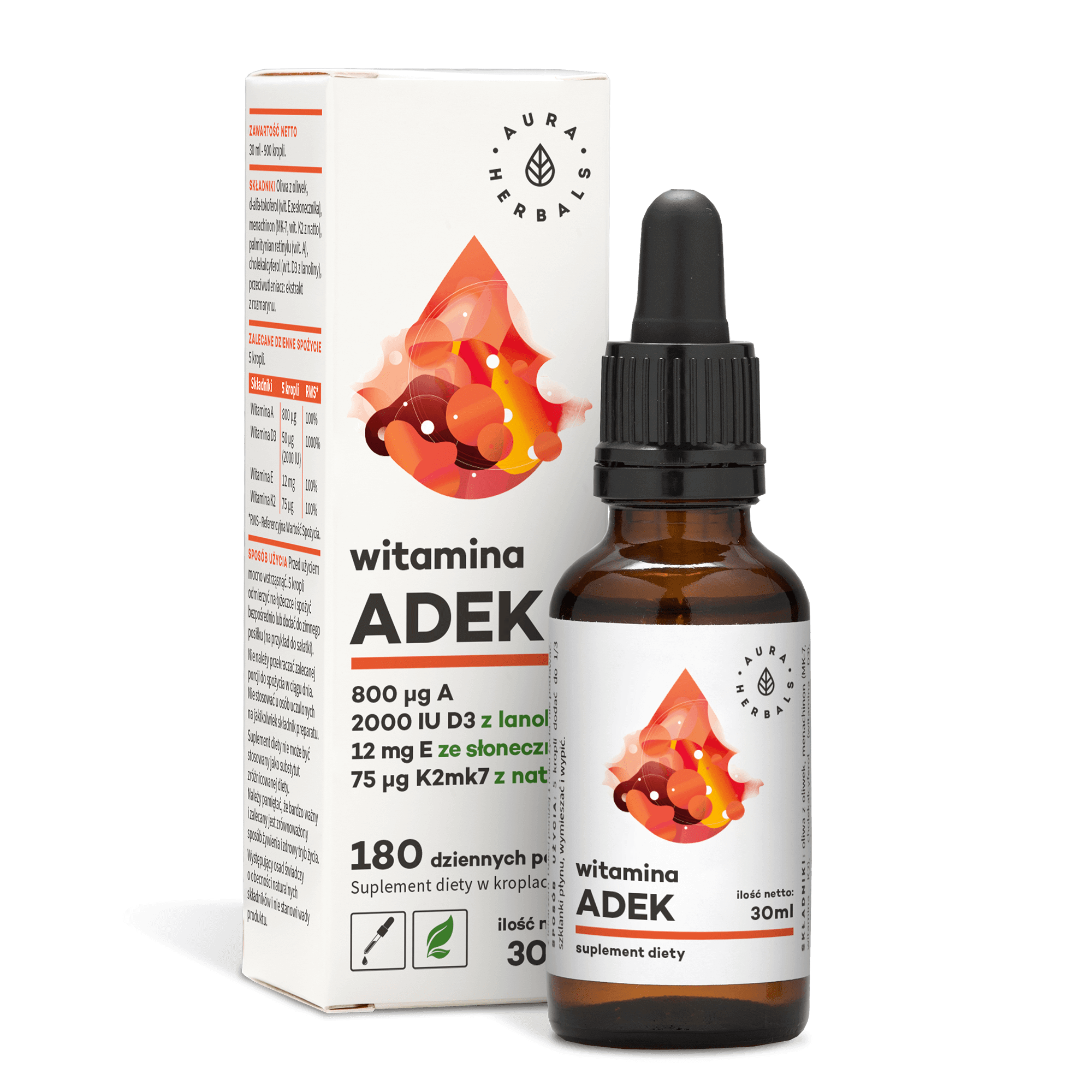 Witamina ADEK, A + D3 2000 IU + E + K2, krople 30 ml - Aura Herbals