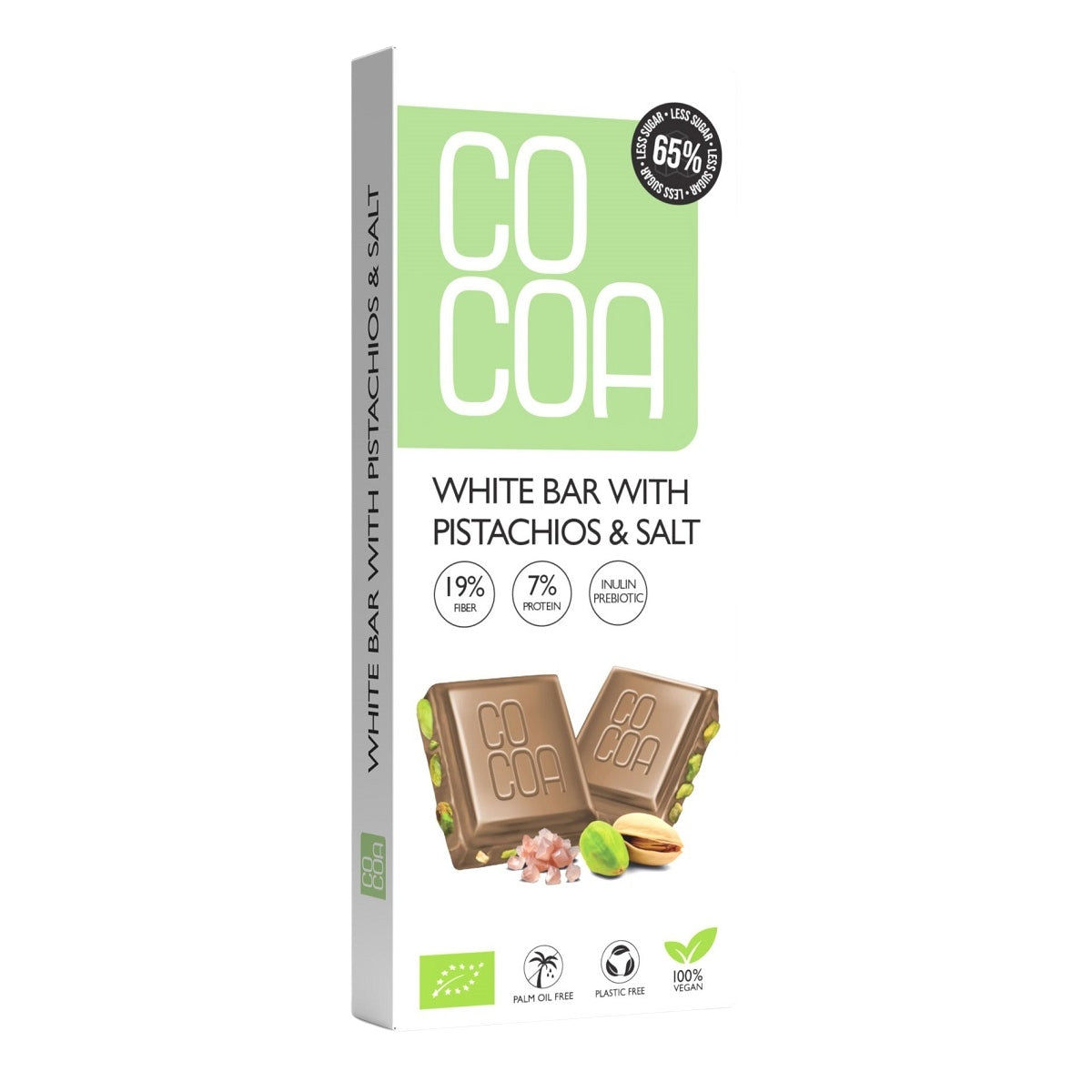 Czekolada biała z pistacjami i solą 60% mniej cukru BIO 40 g - Cocoa