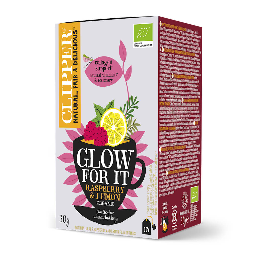 Herbatka o smaku malinowo-cytrynowym z zieloną herbatą (Glow For It) BIO (15 × 2 g) 30 g - Clipper