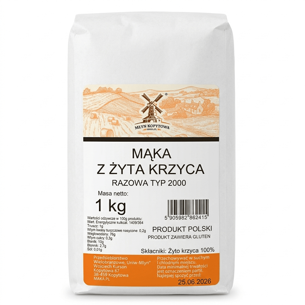 Mąka z żyta krzyca razowa typ 2000 1 kg - Młyn Kopytowa