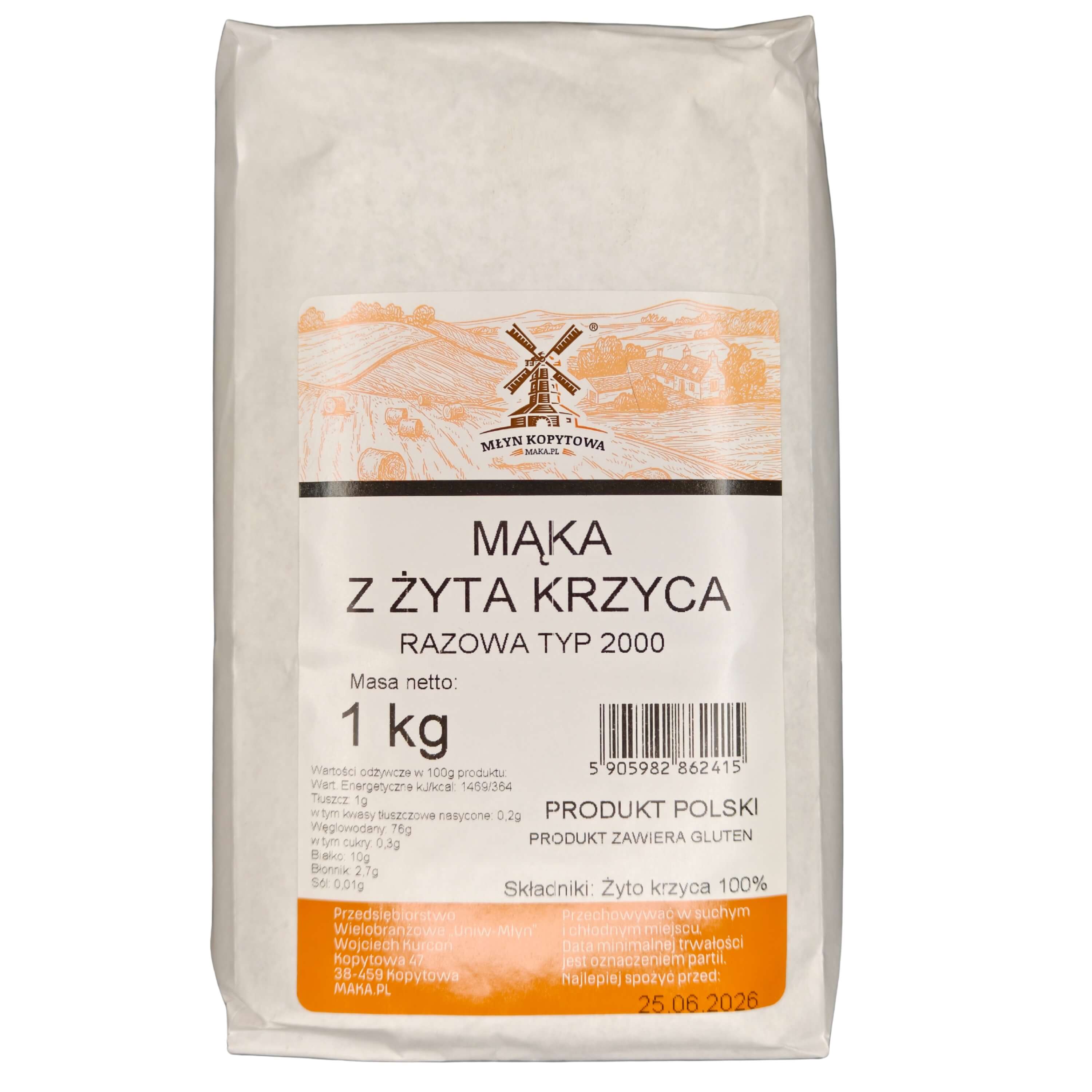 Mąka z żyta krzyca razowa typ 2000 1 kg - Młyn Kopytowa