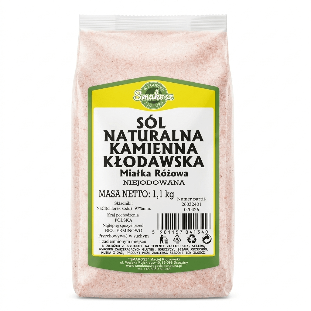 Sól kamienna Kłodawska niejodowana miałka różowa 1,1 kg - Smakosz