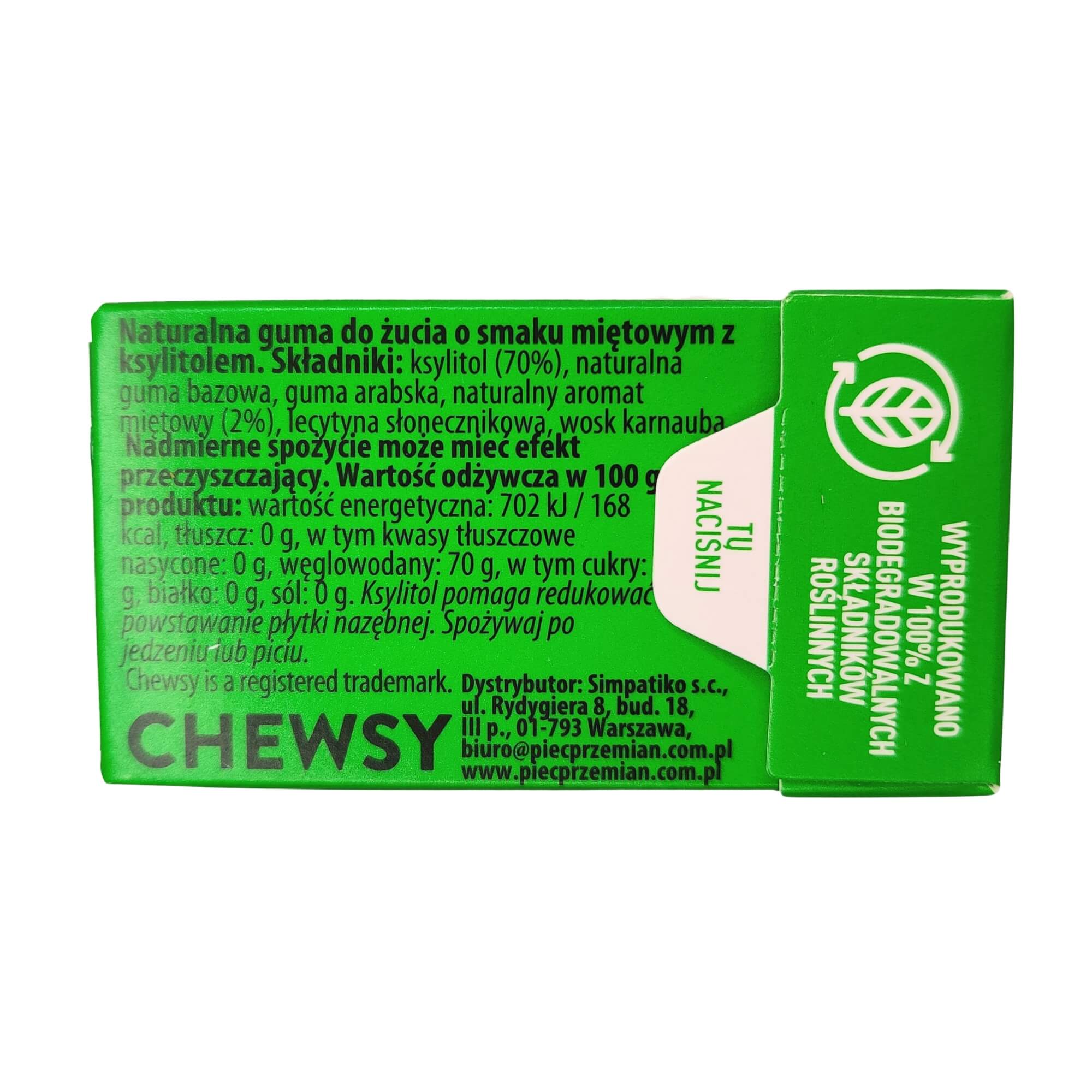 Guma do żucia o smaku miętowym z ksylitolem 15 g - Chewsy
